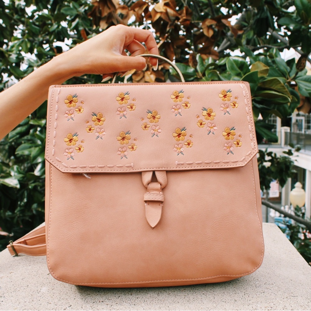 Tan/Blush Soft Faux Leather Backpack with Floral Embroidery and Brass Hardware